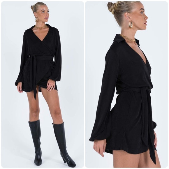 Princess Polly Dresses & Skirts - Princess Polly Womens Black Party Time Long Sleeve Wrap Mini Cocktail Dress Sz 2